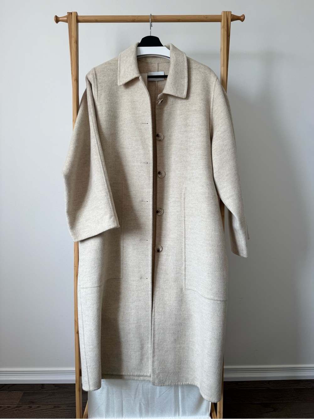 Women's Cream Long Wool-Blend Pea Coat, Size S